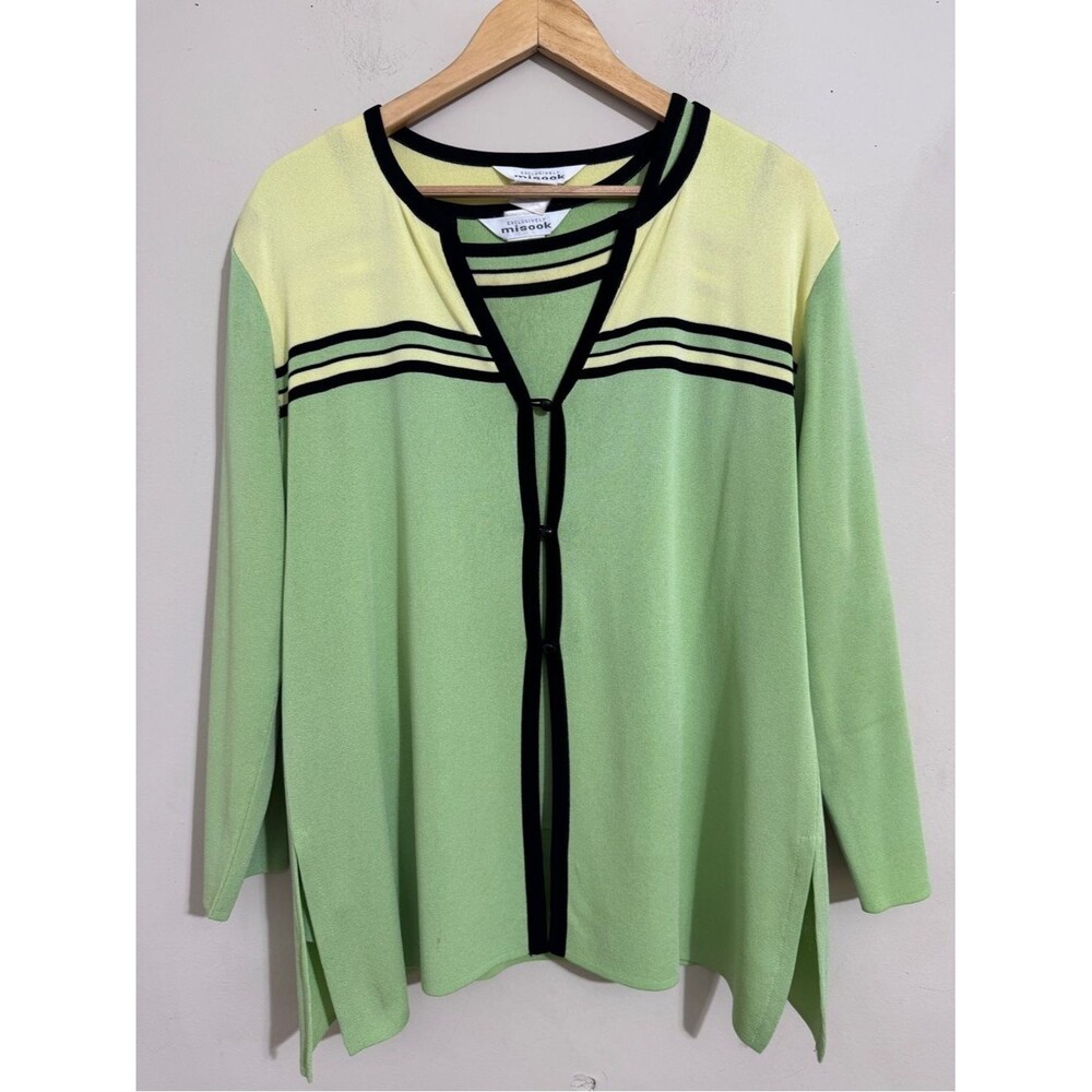 Misook Acryclic Knit Twin Cardigan Set Green Yellow Stripe size L Career Modest